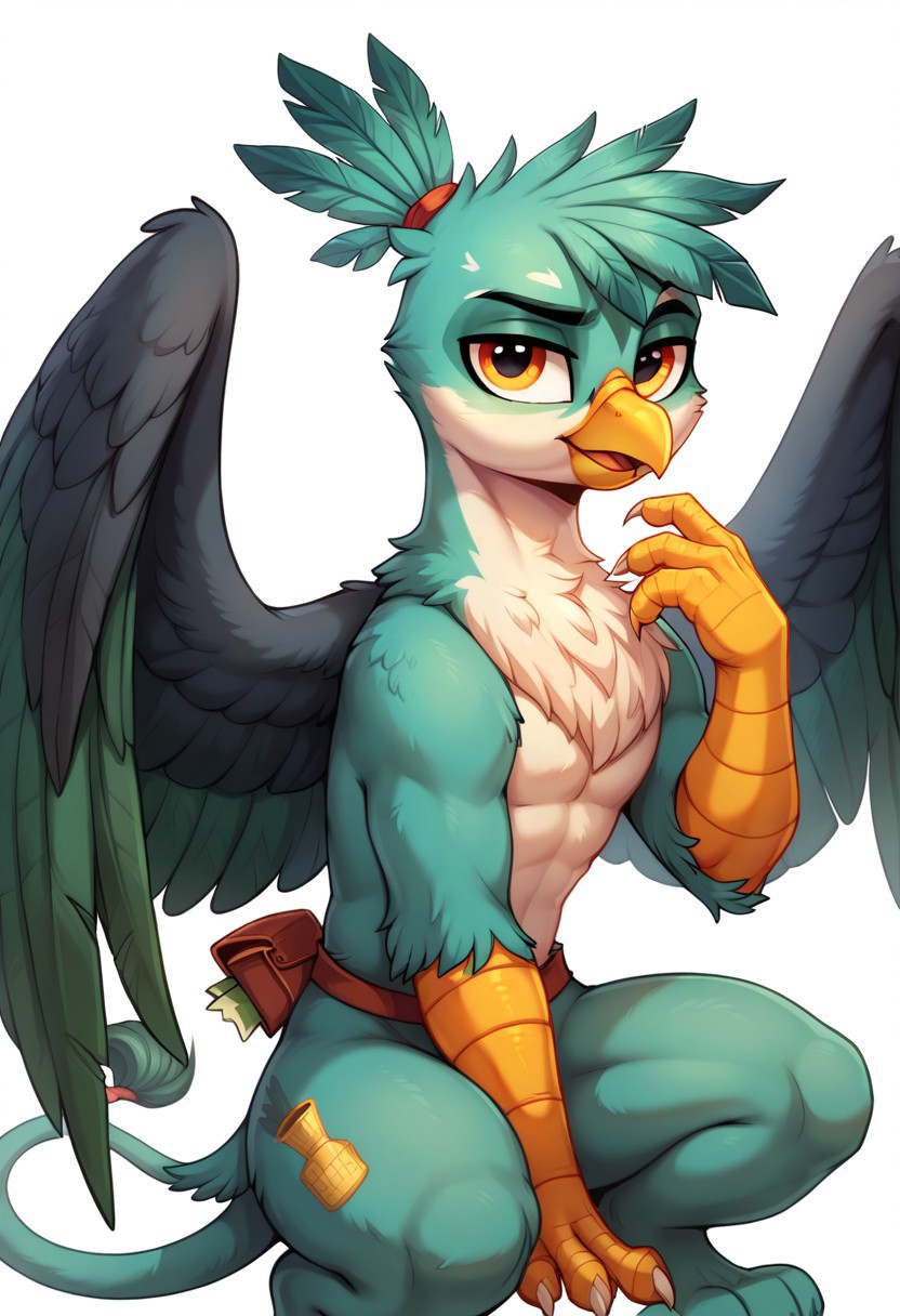 score_9, score_8_up, score_7_up, score_6_up, griffon, original character, Wenge body color by code ((5D5B54)), Dollar Bill Green feather bangs color by code ((87BA59)), eye color Persian Orange ((D08E51)), griffon, my little pony, male, tail with a dawn colored tassel ((A4A097)), the wings are folded behind the back, solo, white background, sits, Looks at the viewer
