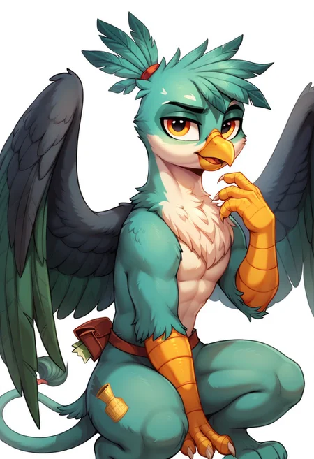 score_9, score_8_up, score_7_up, score_6_up, griffon, original character, Wenge body color by code ((5D5B54)), Dollar Bill Green feather bangs color by code ((87BA59)), eye color Persian Orange ((D08E51)), griffon, my little pony, male, tail with a dawn colored tassel ((A4A097)), the wings are folded behind the back, solo, white background, sits, Looks at the viewer