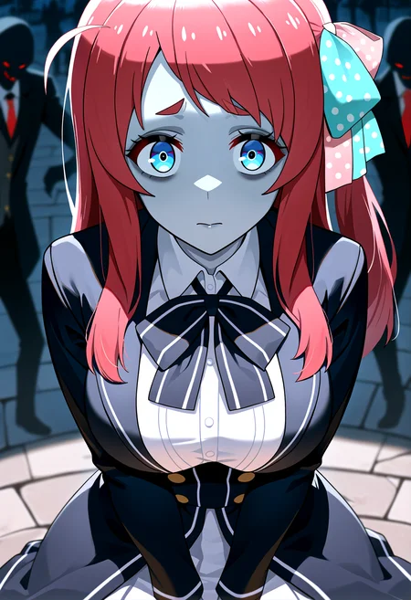very awa, masterpiece, best quality, year 2024, newest, highres, absurdres, <lora:age_slider_v4:3> <lora:thicc_v1.4-pony:1.2>,detailed_background,outdoors,medium breasts,zombie land saga,grim reaper,da huang,sitting,bow,black bow,shirt,check spoilers,upper body,black bowtie,minamoto sakura,death \(entity\),red hair,blue eyes,open jacket,breasts,black jacket,jacket,1girl,white shirt,open clothes,1other,bowtie