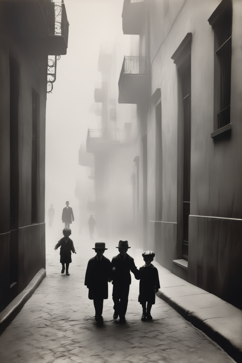<lora:Ando Fuchs Style:1>Ando Fuchs Style - Catala Roca hyper realistic photograph in black and white. Front, silhouette of a child walking hand in hand with his father in the fog in the Barcelona of 1920, wearing 1920 style, the street where they walk should be more in the background, the focus is on the child and his father. Old Kodack. Leica. Add Noise photo