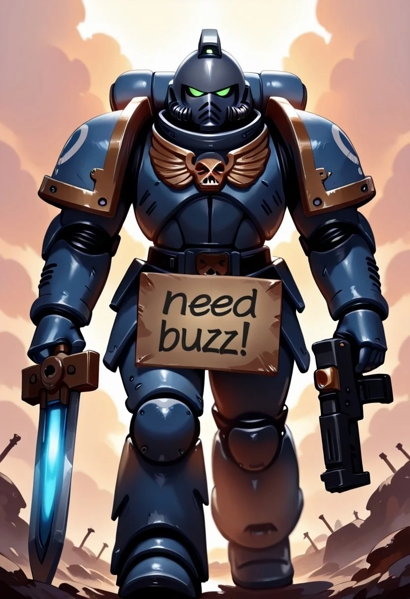 2d, 1boy, buzz, need_buzz, holding sign, sign says "buzz for the emperor", Knight armor, holding bolter, holding power sword, primaris helmet, looking at viewer, masterpiece, best quality, absurdres, newest, perfect quality, battle field Warhammer 40K background, detailed background,
