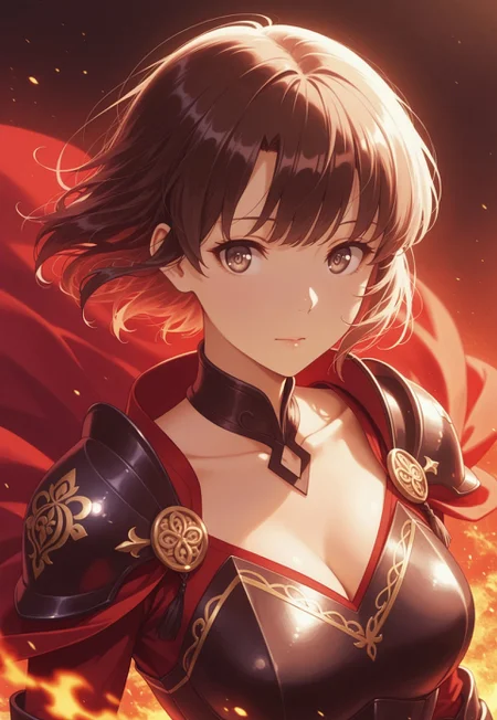 safe_pos, flowing hair, Masterpiece, clean lines, sharp, focused subject, minimalistic composition, upper body view, katomegumi, 1girl,Megumi <lora:IL-KatoMegumi:0.8>,brown hair,katou megumi,brown eyes,pupils, short hair, medium breasts, dynamic angle, vibrant colour, looking at viewer, collarbone, cleavage, wearing a battle-ready armored outfit with intricate engravings, flowing cape billowing in the wind, thigh-high armored boots, leather gloves, fiery embers drifting through air, fantasy atmosphere, ((detailed eyes))