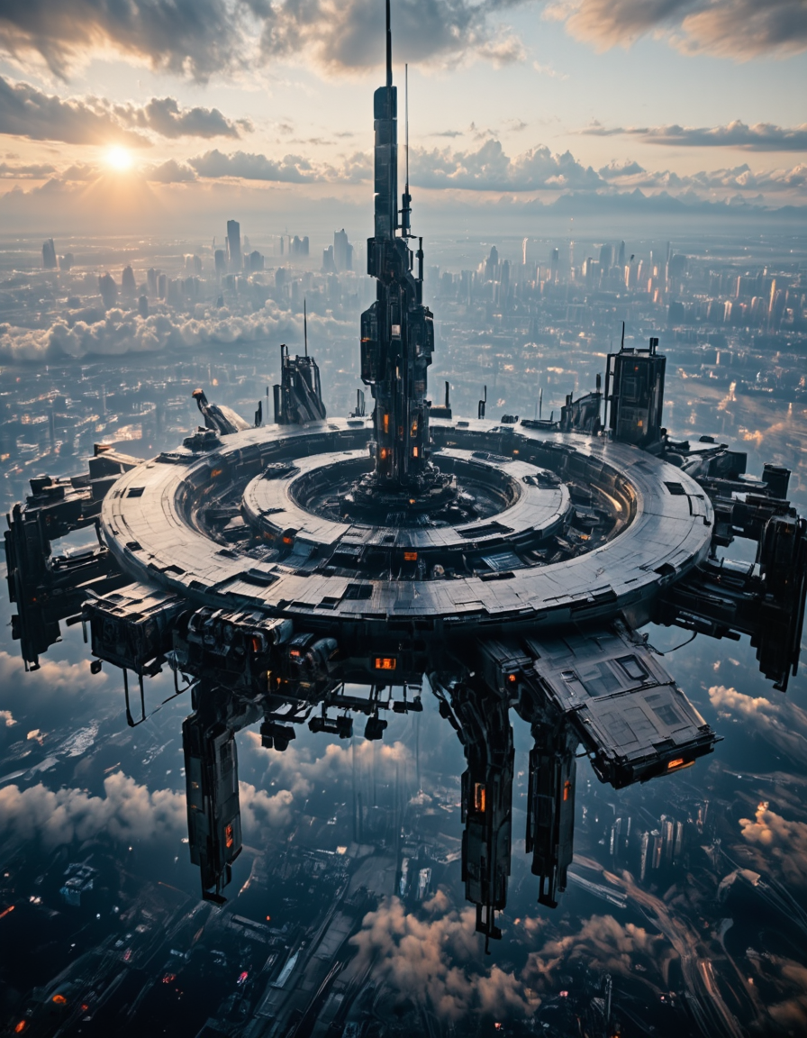 <lora:Space_Stations_ST01_Flux:1> st01, space station, in space, far above ground, lights, city on space station, lights, landing platforms, sunset, cyberpunk, city on the far ground,
