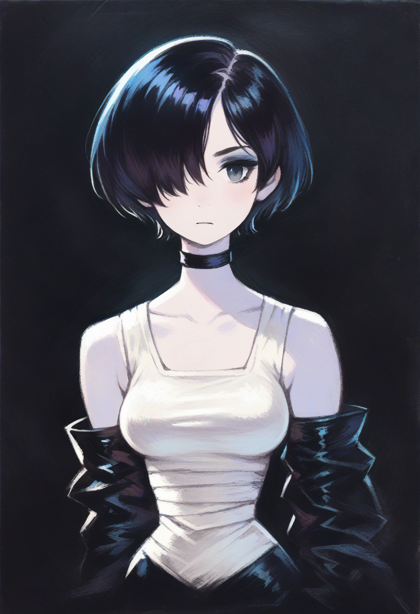 score_9, score_8_up, score_7_up,  pastels drawing, pale white skin:1.3, gothic, choker, medium breasts, latex top, white skin, black hair, black background, adult, short hair, hair over eye, black eyeshadow, <lora:sdxl_ncpy13 style:1>, no_nose, noseless, <lora:sdxl_yoshida_Memaxl_flat_animeFFTFMVv3-000004:0.8>, memaxl flat anime, <lora:sdxl_Yoshida_Akihiko_PonyXL_style_v02.10.01:0.7>, <lora:sdxl_longneck-v2.1:-4> , from_above, high angle