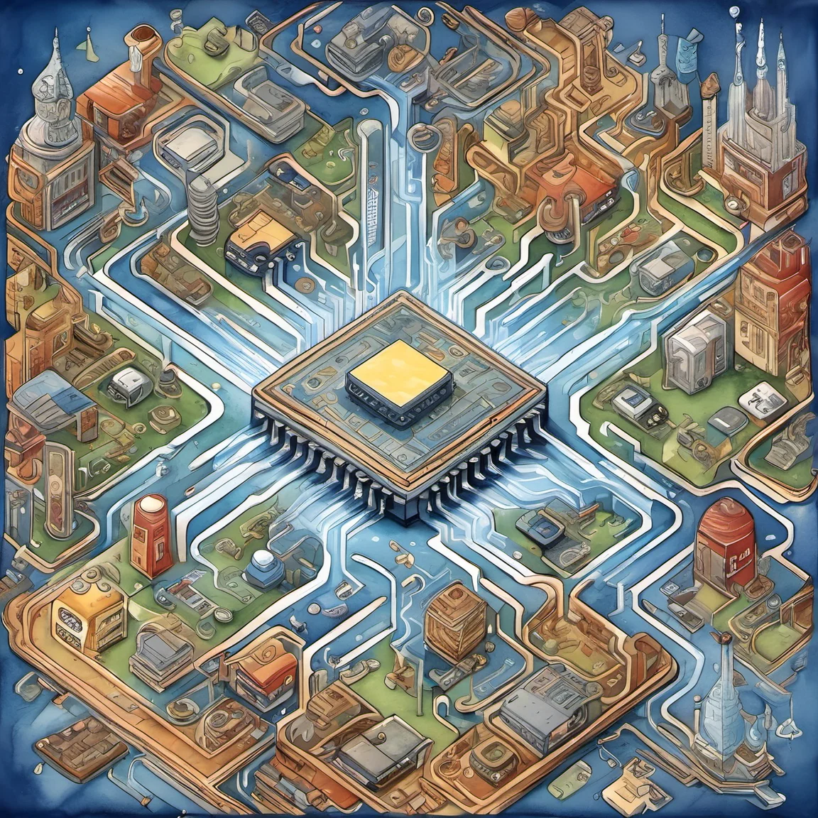 iccircuitart,electric blue theme,<lora:iccircuitart:1>, cute, funny, centered, award winning watercolor pen illustration, detailed, disney, isometric illustration, drawing, by Stephen Hillenburg, Matt Groening, Albert Uderzo