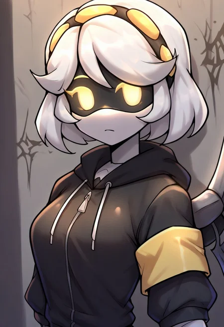 (masterpiece, high quality, highly detailed, best quality), SD-V, 1girl, solo, robot girl, humanoid robot, robot joints, hairband, short white hair, yellow eyes, solid circle pupils,fur-trimmed black jacket, armband, mechanical wings,
upper body, no zipp hoodie, mono pocket hoodie, black t-shirt, graffiti wall, looking at viewer, face to viewer