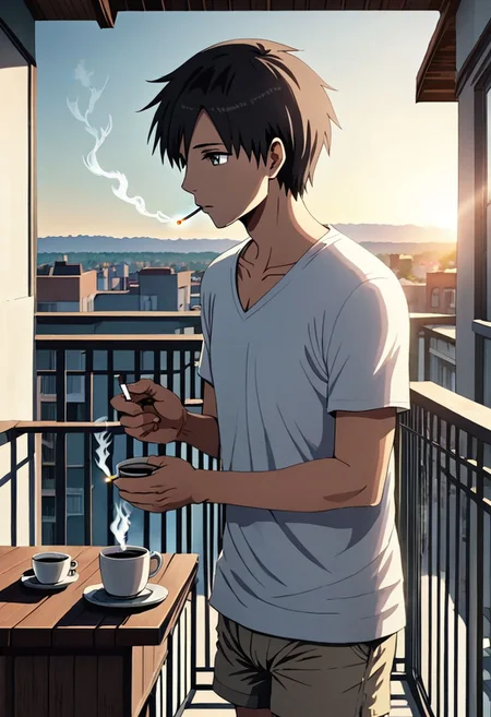 high resolution, solo, best quality, 1Boy, Takaki Toono, Brownish Hair, Brown Eyes, home balcony, morning, cigarette, coffee, t-shirt, shorts, looking away, OverallDetail
