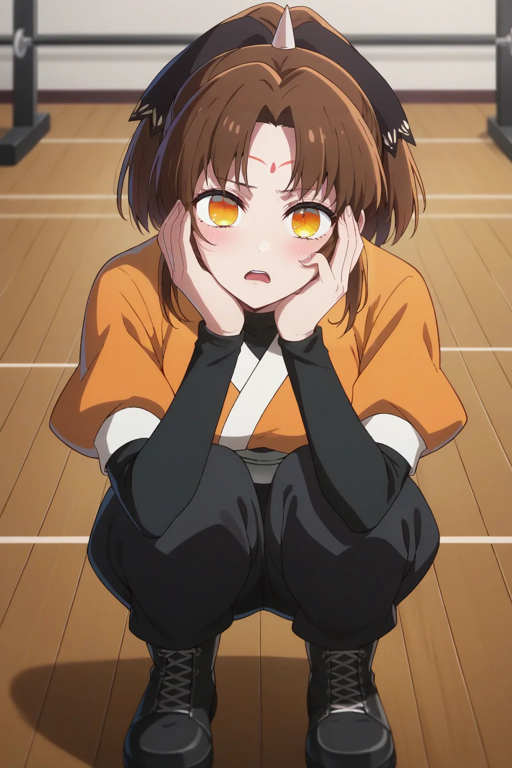 score_9, score_8_up, score_7_up, 1girl, prefect lighting, very aesthetic, intricate details, highly detailed background, masterpiece, high quality, prefect hands, best quality, solo,
<lora:Kana_Arima_Tsurugi_Oshi_No_Ko_V1:.85>, kjotsurugi, brown hair, orange eyes, forehead mark, parted bangs, single horn, ponytail, hair bow,
Orange shirt, black sleeves, white sash, black pants, black boots,
squatting, hands on face, bored, open mouth, blush, head tilt,
gym, wooden floor,
(Beautiful, medium Breasts:1.2), natural breasts,