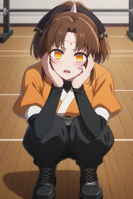 score_9, score_8_up, score_7_up, 1girl, prefect lighting, very aesthetic, intricate details, highly detailed background, masterpiece, high quality, prefect hands, best quality, solo,
<lora:Kana_Arima_Tsurugi_Oshi_No_Ko_V1:.85>, kjotsurugi, brown hair, orange eyes, forehead mark, parted bangs, single horn, ponytail, hair bow,
Orange shirt, black sleeves, white sash, black pants, black boots,
squatting, hands on face, bored, open mouth, blush, head tilt,
gym, wooden floor,
(Beautiful, medium Breasts:1.2), natural breasts,