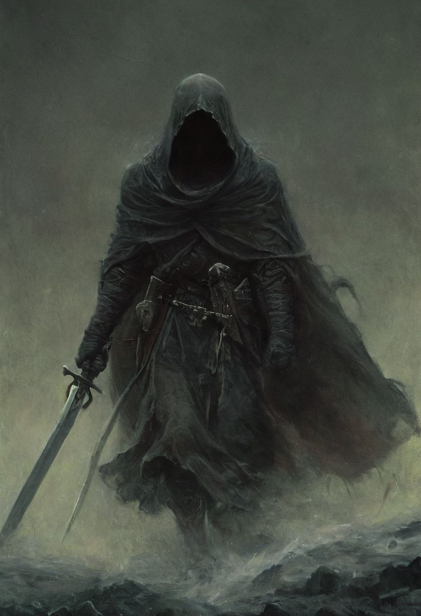 a terrible terrifying fight scene between an honorable knight and a hooded assassin dragging us with swords and daggers,  ,end of hopes ,silence, extremely detailed,dark,sad, easynegative, digital artwork by Beksinski, extremely detailed, dark, chiaroscuro, low-key,in the style of Kelly Slater ,style by Kelly Slater,closeup,digital artwork by Beksinski, style of Kelly Slate