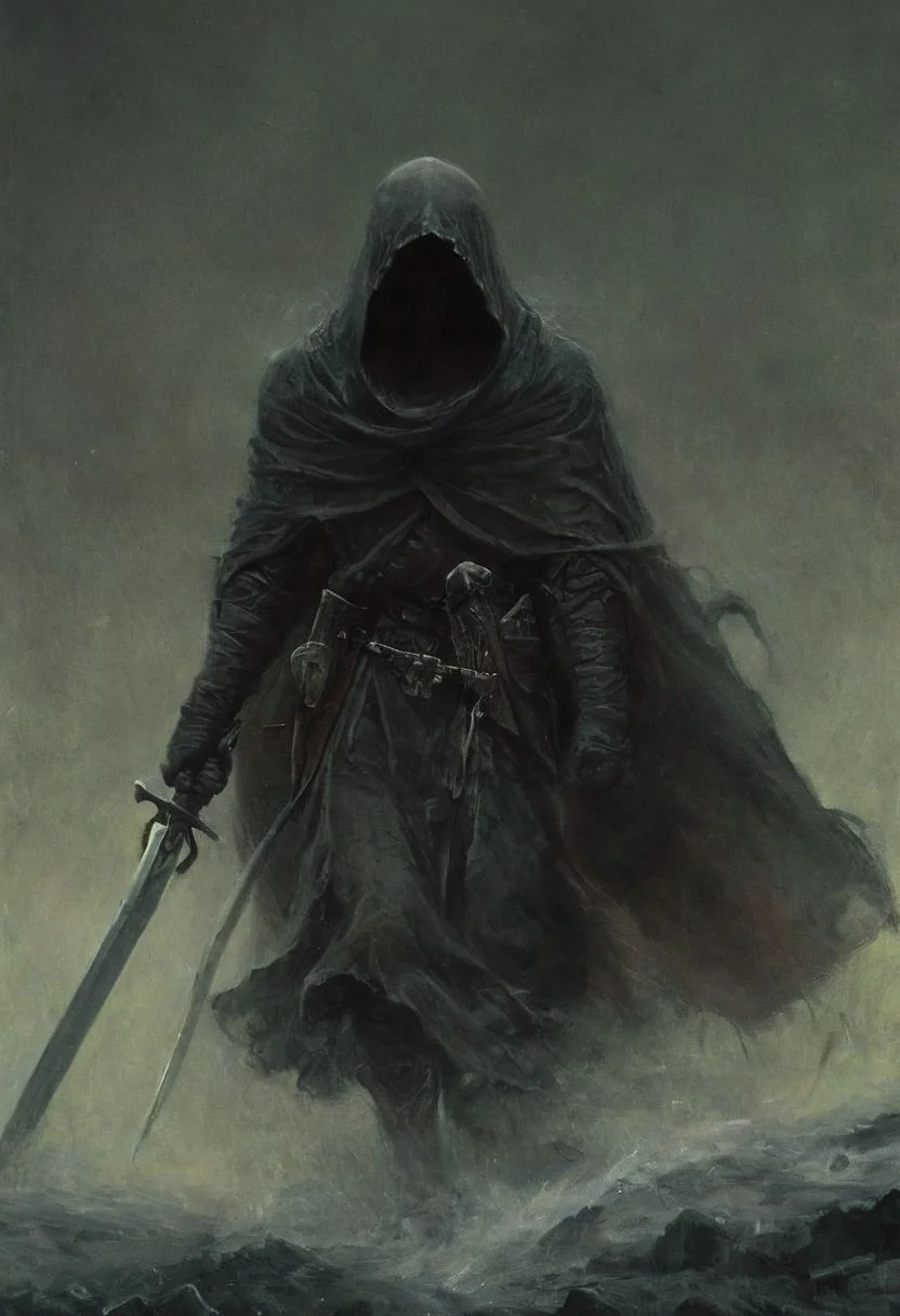 a terrible terrifying fight scene between an honorable knight and a hooded assassin dragging us with swords and daggers, ,end of hopes ,silence, extremely detailed,dark,sad, easynegative, digital artwork by Beksinski, extremely detailed, dark, chiaroscuro, low-key,in the style of Kelly Slater ,style by Kelly Slater,closeup,digital artwork by Beksinski, style of Kelly Slate