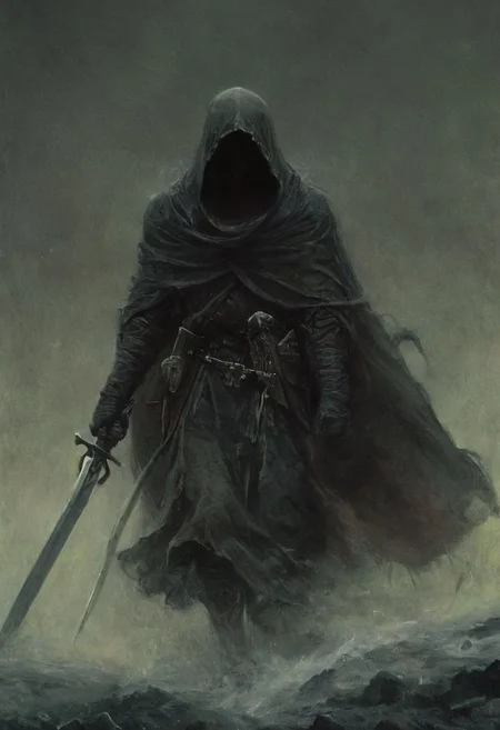 a terrible terrifying fight scene between an honorable knight and a hooded assassin dragging us with swords and daggers,  ,end of hopes ,silence, extremely detailed,dark,sad, easynegative, digital artwork by Beksinski, extremely detailed, dark, chiaroscuro, low-key,in the style of Kelly Slater ,style by Kelly Slater,closeup,digital artwork by Beksinski, style of Kelly Slate