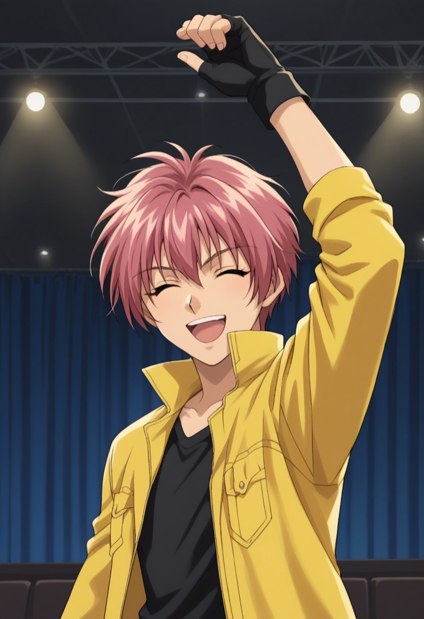 score_9, score_8_up, score_7_up, source_anime, highly detailed, 
ShuichiShindou, 1boy, solo, gloves, fingerless gloves, short hair, open mouth, smile, arm up, closed eyes.
pink hair, jacket, yellow jacket, open clothes, black gloves, open jacket,
looking at viewer, :d, upper body, shirt, black shirt
indoor, stage, lights
