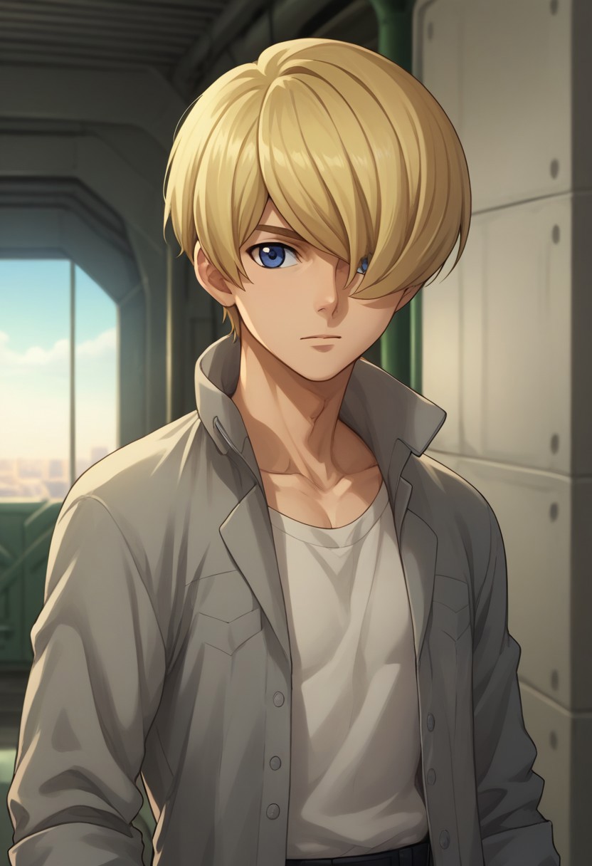 score_9, score_8_up, score_7_up, source_anime, highly detailed, 
yamagi, 1boy, solo, blonde hair, male focus, blue eyes, hair over one eye, gloves, upper body, pants, shirt, grey shirt, open clothes, open shirt, white t-shirt, collarbone
indoor, hangar,