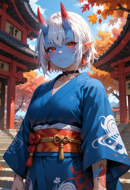 score_9, score_8_up, score_7_up, detailed background, dynamic angle, volumetric lighting, godrays,perfection,perfect, 1girl, 25 years old, perfect face, cute, petite, red eyes, white hair, short hair, messy hair, crossed bangs, hair between eye, pointy ears, black choker, (blue skin:1.2), (oni:1.2), blue oni, facial tattoo, kimono, tattoos, Japanese architecture, temple, autumn, cowboy shot, source_cartoon, rating_questionable,<lora:add-detail-xl:2>,<lora:hand 4:0.7>,<lora:curvature slider_last:8>,<lora:xl_more_art-full_v1:0.9>,<lora:Fant5yP0ny:0.8>,<lora:detailed_notrigger:1>,<lora:SimplePositive_XL_v1_test_AutoRunMech:2>