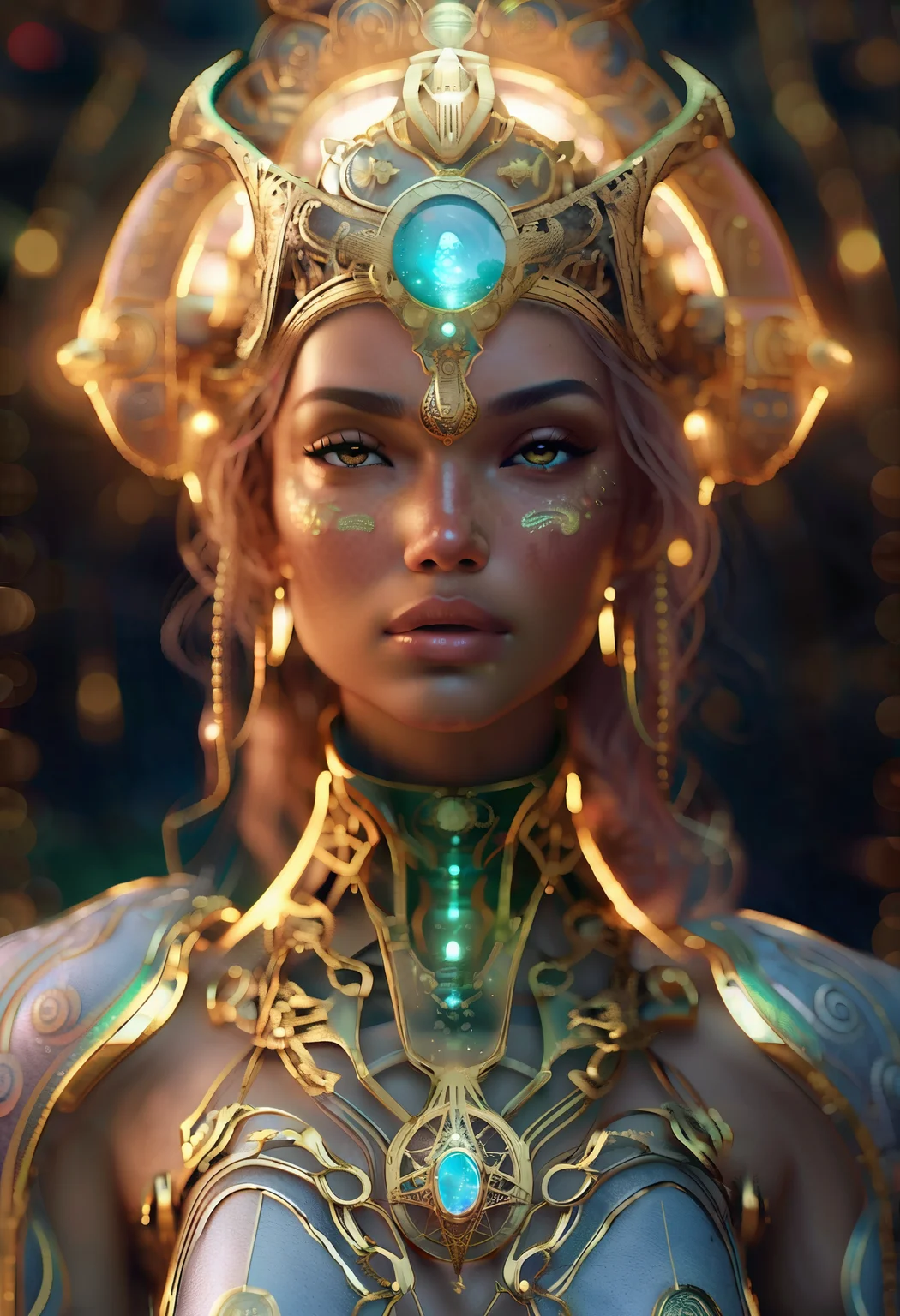 Celestial oracle, bioluminescent markings, (translucent skin:1.5), glowing filigree tattoos, (ethereal third eye), fluid silk veil, adorned in iridescent glass armor, alien divinity, hyperdetailed alien fashion, divine symmetry, cosmic symbols hovering, strange gravity, galaxy spiral hair, golden eyes, (anatomically accurate:1.3), soft freckles, ultra-detailed skin, complex texture layers, subsurface scattering, intense photorealism, surreal ambiance, mystic twilight, backlit by a burning nebula, volumetric light, HDR 8k, DSLR capture, ultra realistic cinematic lens flare, narrow DoF, dusty particles in air, soft shadows, cinematic color grading, dreamlike haze