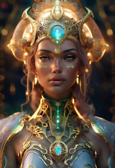 Celestial oracle, bioluminescent markings, (translucent skin:1.5), glowing filigree tattoos, (ethereal third eye), fluid silk veil, adorned in iridescent glass armor, alien divinity, hyperdetailed alien fashion, divine symmetry, cosmic symbols hovering, strange gravity, galaxy spiral hair, golden eyes, (anatomically accurate:1.3), soft freckles, ultra-detailed skin, complex texture layers, subsurface scattering, intense photorealism, surreal ambiance, mystic twilight, backlit by a burning nebula, volumetric light, HDR 8k, DSLR capture, ultra realistic cinematic lens flare, narrow DoF, dusty particles in air, soft shadows, cinematic color grading, dreamlike haze