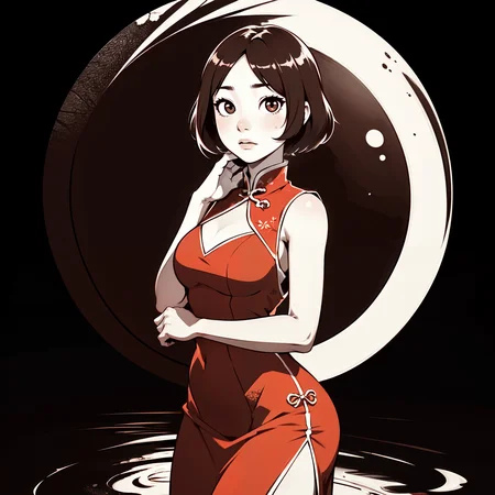(masterpiece,low contrast, best quality:1.11),akiraga,1girl,solo,(thick:1.1),small breasts,in a stream,(hands on face),brown buzz cut,(pretty beautiful astonished face),(detailed symmetrical brown eyes:0.9),china dress,(fisheye:1.1),absurdres,<lora:akiraGA0.90.32tx1-000027:0.38>