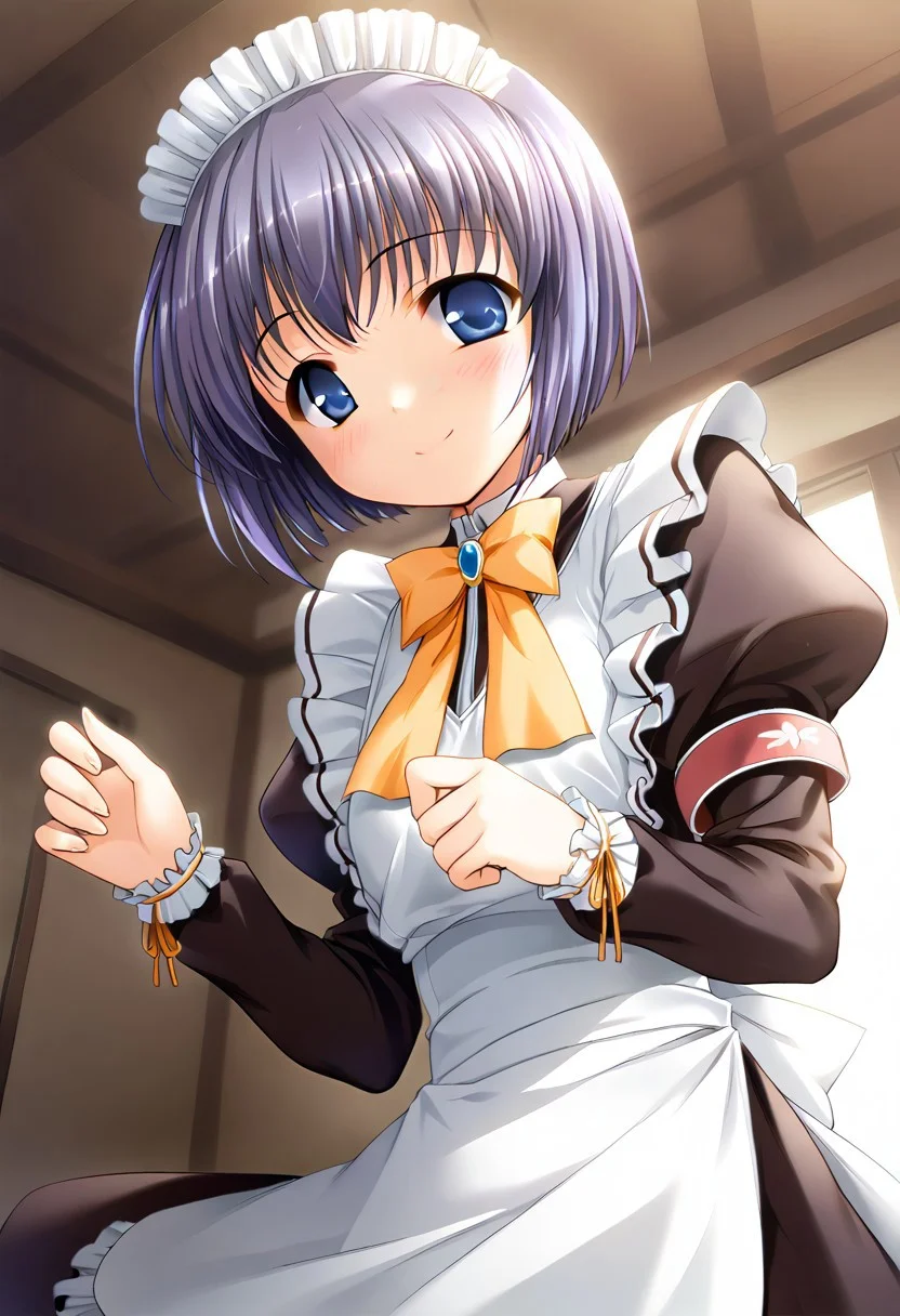 score_9,score_8_up,score_7_up,masterpiece,best quality,absurdres,source_anime,game cg,zPDXL3,rating_safe,1girl,solo,mia clementis,blue eyes,purple hair,blue hair,short hair,maid,maid headdress,long sleeves,puffy sleeves,juliet sleeves,armband,bow,orange bow,bowtie,brooch,jewelry,ribbon,frills,apron,maid apron,white apron,skirt,petticoat,pantyhose,white pantyhose,shoes,black footwear,mary janes,bedroom,upper body,pov lap pillow,smile