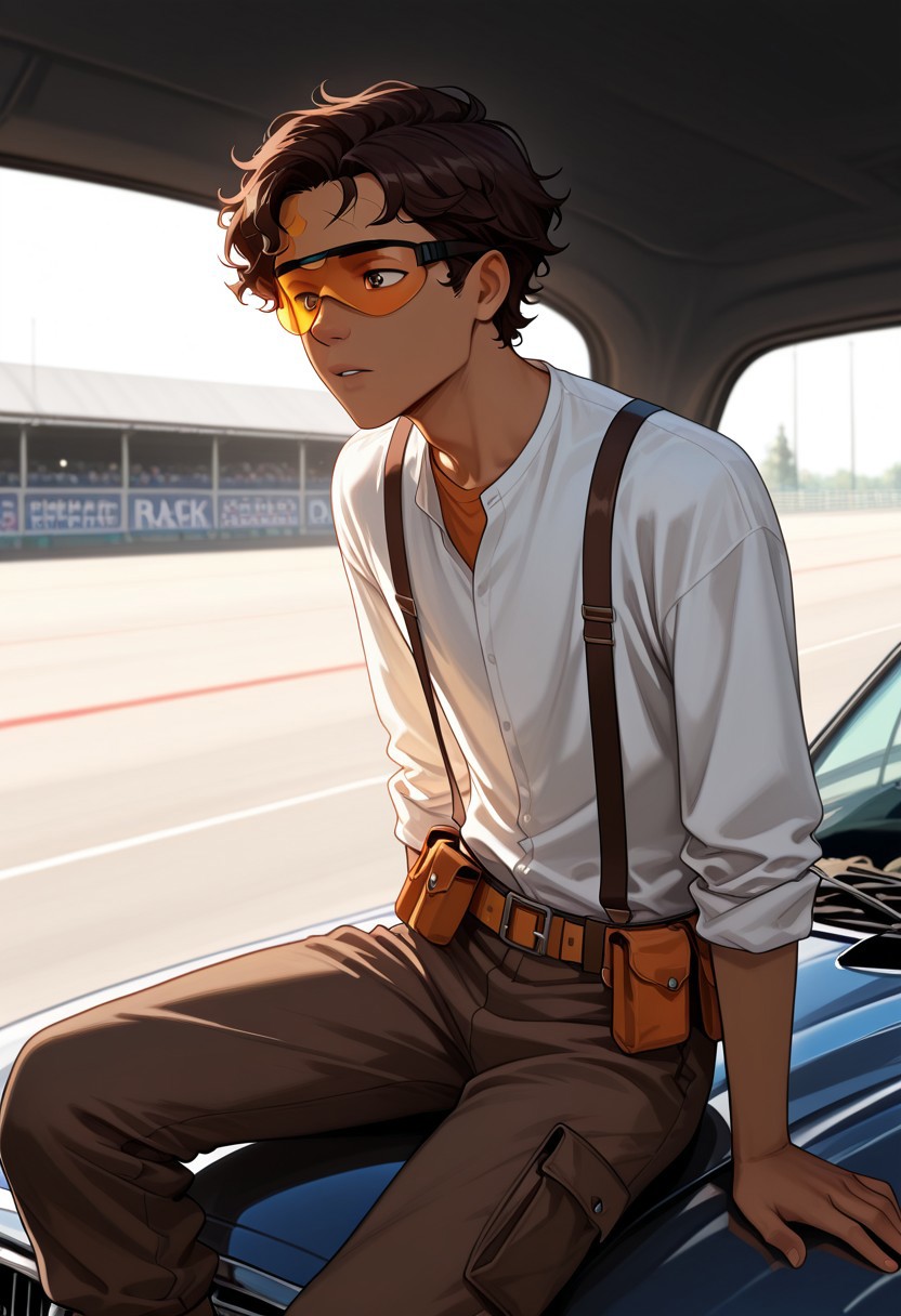 cinematic, detailed illustration, depth of field, masterpiece, best quality, amazing quality, very aesthetic, absurd, new, 1boy, male focus, cute boy, solo, Leo_Valdez, Dark skin, Brown hair, curly hair, Brown eyes, White shirt, rolled up sleeves, suspenders, tool belt, brown trousers, wearing a cap backwards, safety glasses, safety glasses on his forehead, sitting on the hood of a car, on a race track, indoors, in a garage