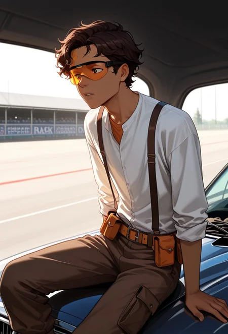 cinematic, detailed illustration, depth of field, masterpiece, best quality, amazing quality, very aesthetic, absurd, new, 1boy, male focus, cute boy, solo, Leo_Valdez, Dark skin, Brown hair, curly hair, Brown eyes, White shirt, rolled up sleeves, suspenders, tool belt, brown trousers, wearing a cap backwards, safety glasses, safety glasses on his forehead, sitting on the hood of a car, on a race track, indoors, in a garage