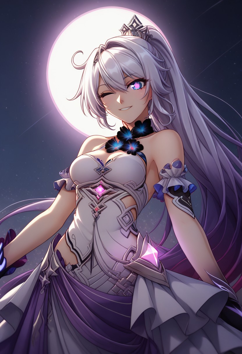score_9, score_8_up, score_7_up,  kagami hirotaka style, 1girl,blue eyes, star-shaped pupils, symbol-shaped pupils Kiana, kiana kaslana, white hair, super cute smiling, dancing, eyes closed, happy, very long hair, medium breasts, long hair, Hofi_Def, two-tone hair, purple hair, ponytail, crown, jewelry, gem, white dress, sleeveless dress, cleavage cutout, halterneck, black flower, open skirt, black gloves, white skirt, bare shoulders, purple inner skirt, clothing cutout, detached sleeves, frilled sleeves, short sleeves, , the matrix, gloves, glowing, neon lights, green theme,