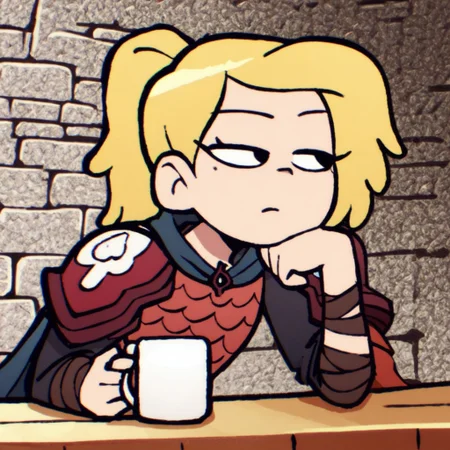 <lora:EasyNegativeV2:1>, <lora:Amphibia_Character_Set_Lora:1>,<lora:ScottPilgrim:0.8>,sketch, anime coloring, black eyes, score_9, score_8_up, score_7_up, score_6_up, scottp, CHSASHAWAYBRIGHT, ((teen)), sitting in medieval dungeon, leaning against table, Red Armour, Sashaoutfit, bored look, looking to the side, mug of ale, finger around rim of mug, solo,