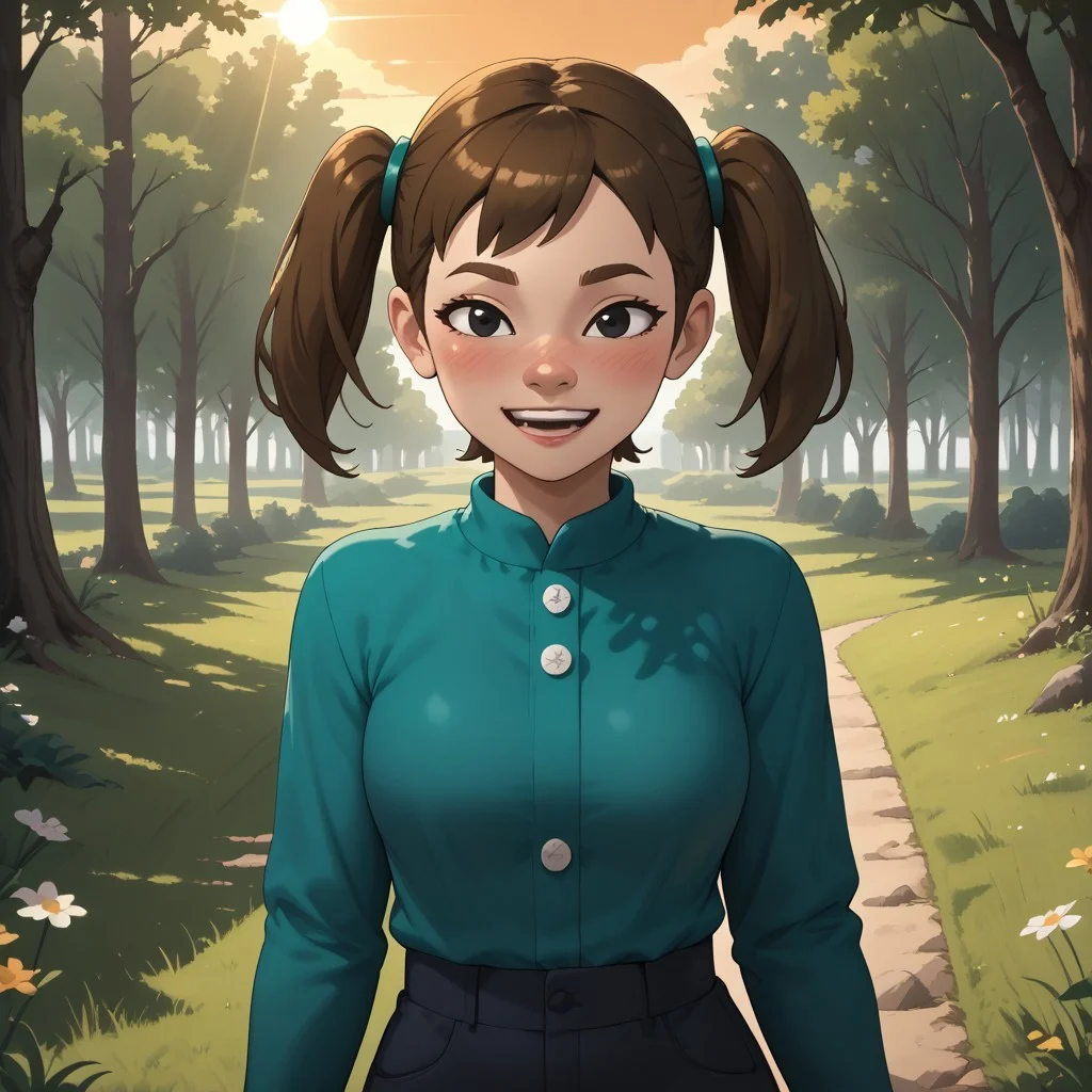 score_9, score_8, BREAK, solo, Mii, Wii, Black Eyes, Half circle eyebrows, big nose, half circle nose, blush, white skin, open mouth, green-ish brown hair, twintails, dark green clothing, 1girl, female mii, Wii Sports Resort, black pants, shoes, cute, medium breasts, Midori_(\Wii_Sports_Resort\), teeth, Nintendo Mii, modern_mii, classic_mii, sexy pose, self portrait, smile, outdoors, sunlight, shadows, evening lighting, natural lighting, forest, trees, grass, orange sky, sunset