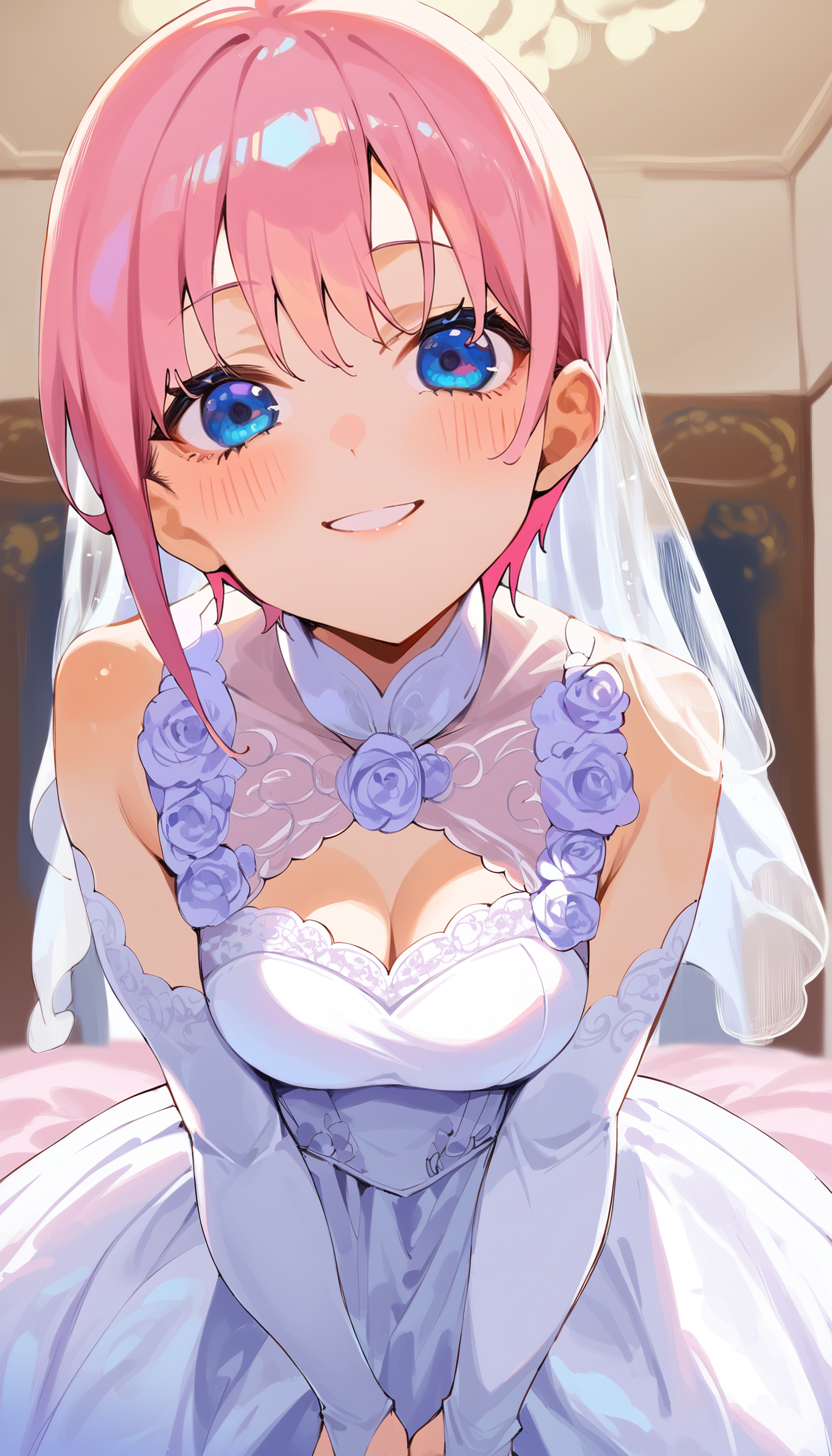 score_9, score_8_up, score_7_up, score_6_up, source anime,
akihcipnxl, nakano ichika, 1girl, blue eyes, looking at viewer, pink hair,  ,
wedding dress, bridal gauntlets, happy tears, smile, indoors, sunbeam, foreshortening, 
masterpiece, best quality, very aesthetic, absurdres
<lora:quintessential_quintuplets:1>