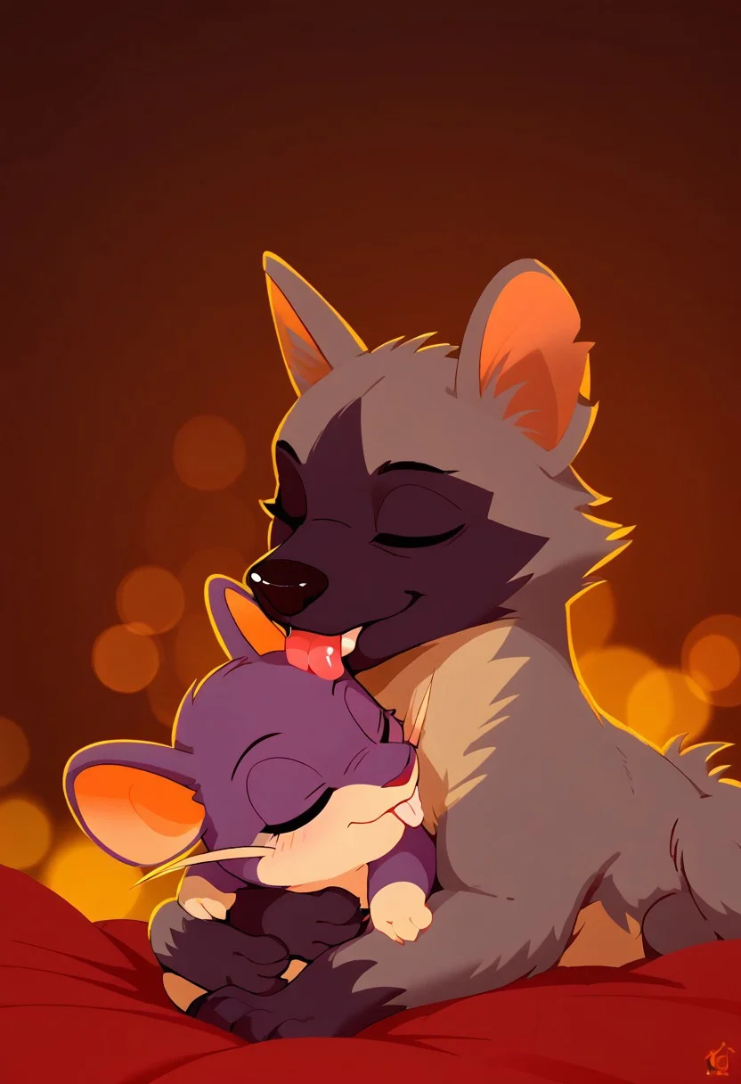score_9, score_8_up, score_7_up, depth of field, ambient occlusion, bokeh, cinematic lighting, cartoon, flat colors, lineless, expressiveh, feral, Poochyena, Rattata, cuddling, size difference, licking head,