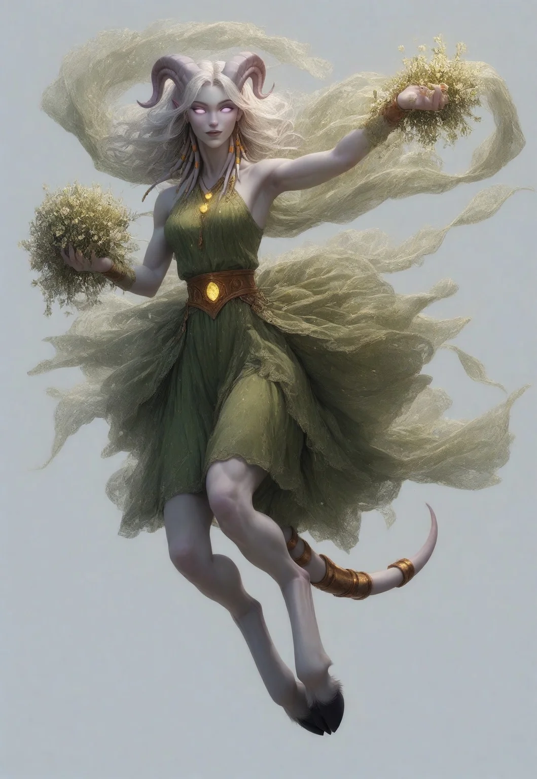 (absurdres, highres, best quality, masterpiece:1.4),
score_9, score_8_up, score_7_up, score_6_up,
detailed,
detailed body,
detailed face,
(culDraenei,
female,
purple eyes,
no sclera,
no pupils,
athletic,
tall,
slim,
pale skin,
grey skin,
long ears),
loose long green dress,
yellow pendant,
sleeveless,
cheerful,
(((full body))),
posing,
floating,
(((white background, plain background))),
(((no objects in background)))