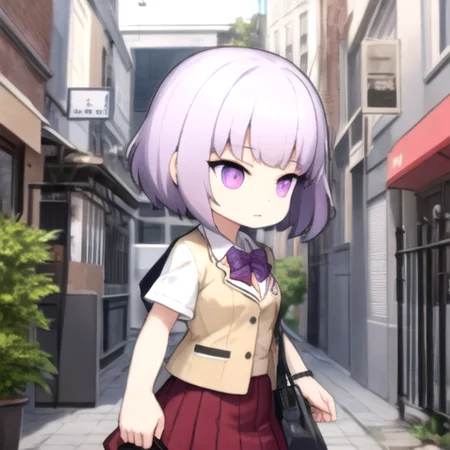 <lora:ArknightsSpritesV2:1>, akchibi, chibi, lavender hair,short hair, magenta eyes, school uniform, arknights-inspired clothing, alley, city, dark