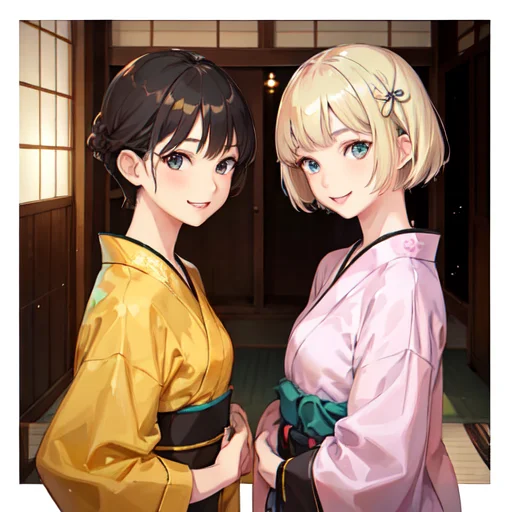 two young girls wearing yukata, one blonde short hair with green eyes, one brown short hair with black eyes, going to the temple to pray, smile, (realistic, photorealistic), extremely detail face , CG, teeth, happiness