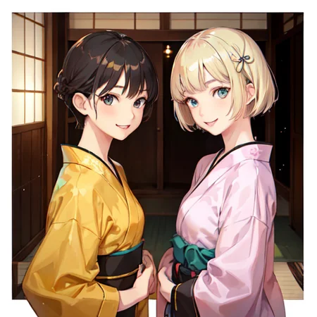 two young girls wearing yukata, one blonde short hair with green eyes, one brown short hair with black eyes, going to the temple to pray, smile, (realistic, photorealistic), extremely detail face , CG, teeth, happiness