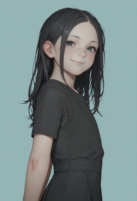 score_9, score_8_up, score_8, source_anime, 1girl, <lora:Eveline:0.7> solo, flat chest, white skin, pale skin, long hair, black hair, black dress, short sleeves, smile, blush, looking at viewer, side view,
light blue background, simple background