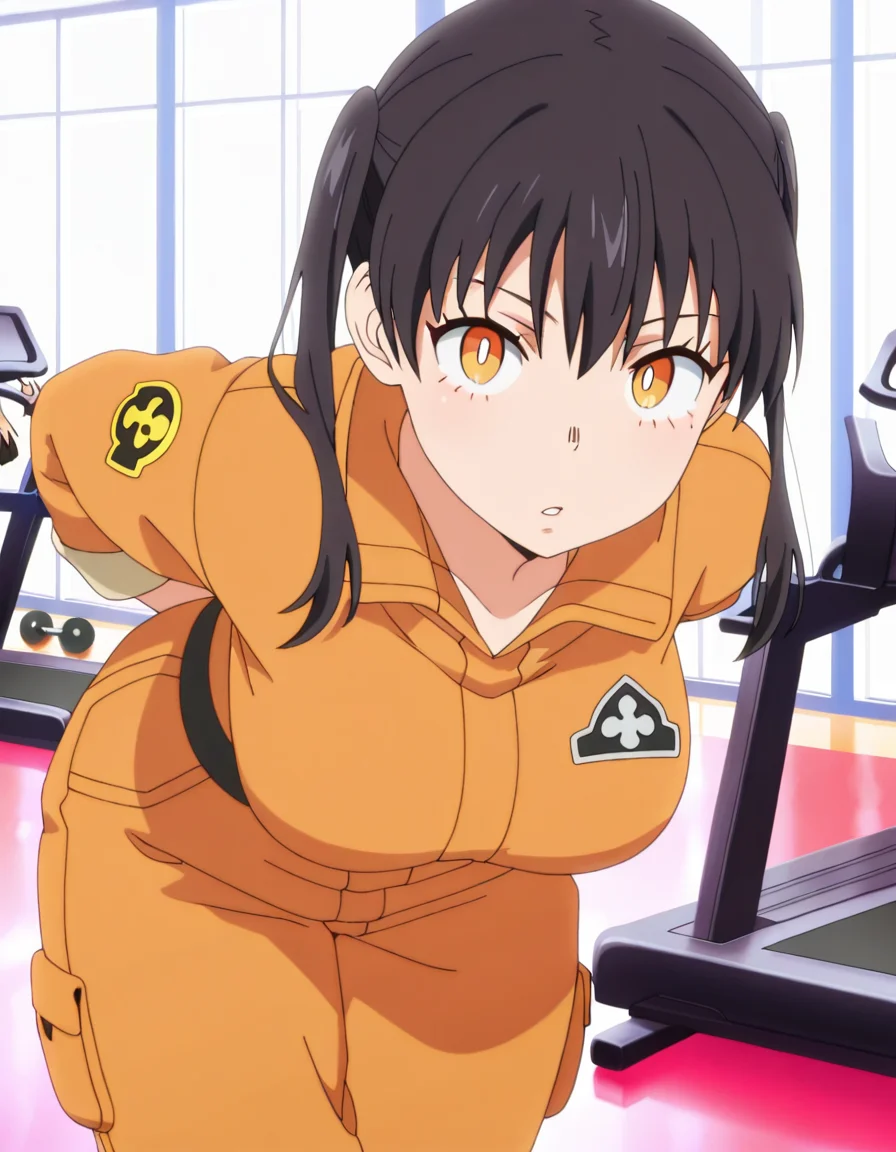 masterpiece, best quality, amazing quality,, <lora:tamaki-kotatsu-s1s2-illustriousxl-lora-nochekaiser:1>, tamaki kotatsu, long hair, bangs, black hair, twintails, yellow eyes, orange eyes, mature female, breasts, anime screencap, jumpsuit, orange jumpsuit, hands behind back, bent over,, gym, weights, treadmill, mirrors, exercise, cowboy shot, solo, looking at viewer, solo focus