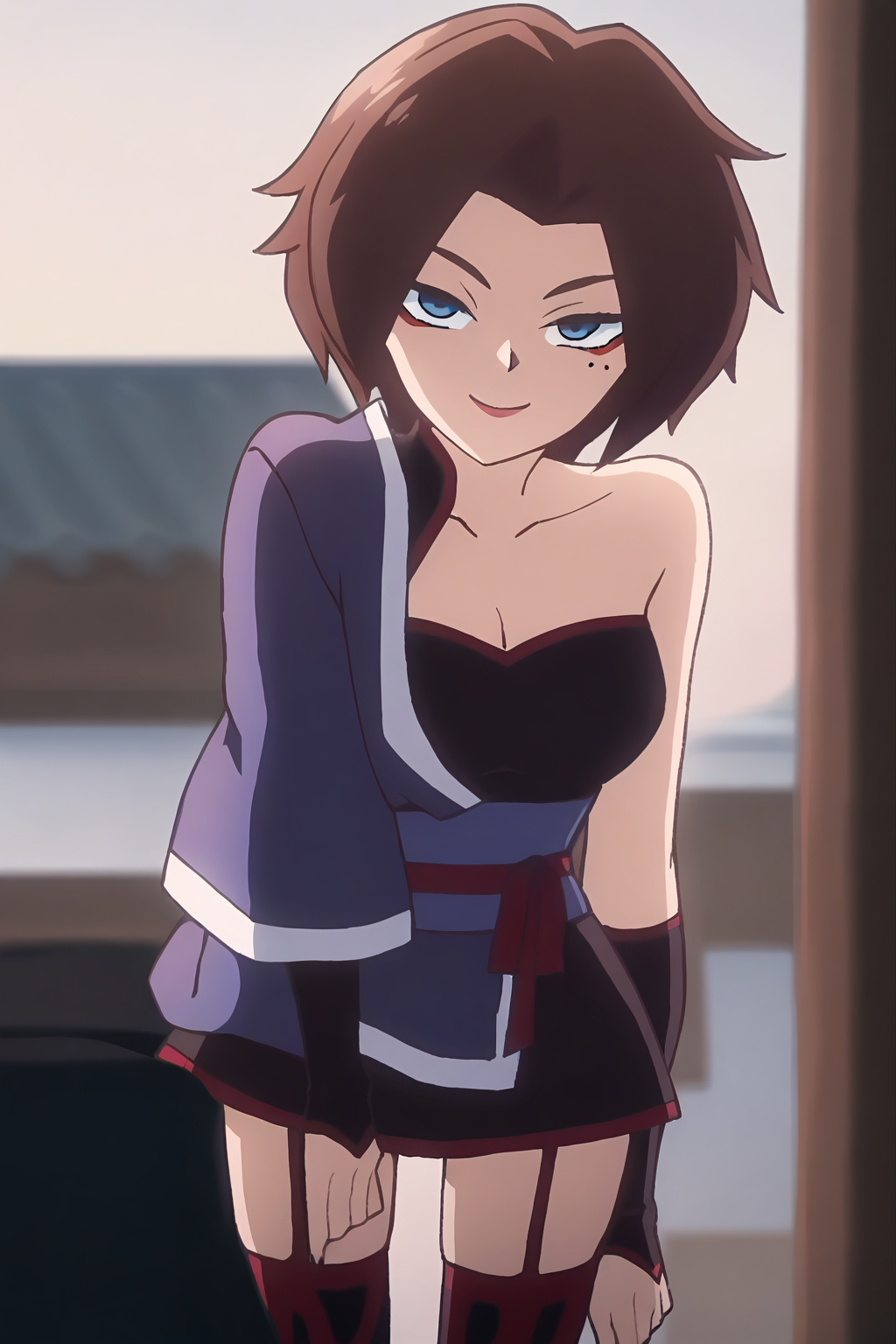 <lora:meihuashiyi:1>,meihuashiyi,1girl,solo,blue eyes,mole under eye,brown hair,short hair,parted bangs,single bare shoulder,cleavage,collarbone,thighhighs,garter straps,japanese clothes,smile,looking at viewer,, masterpiece,best quality,amazing quality,absurdres, anime screenshot, lazypos ,
