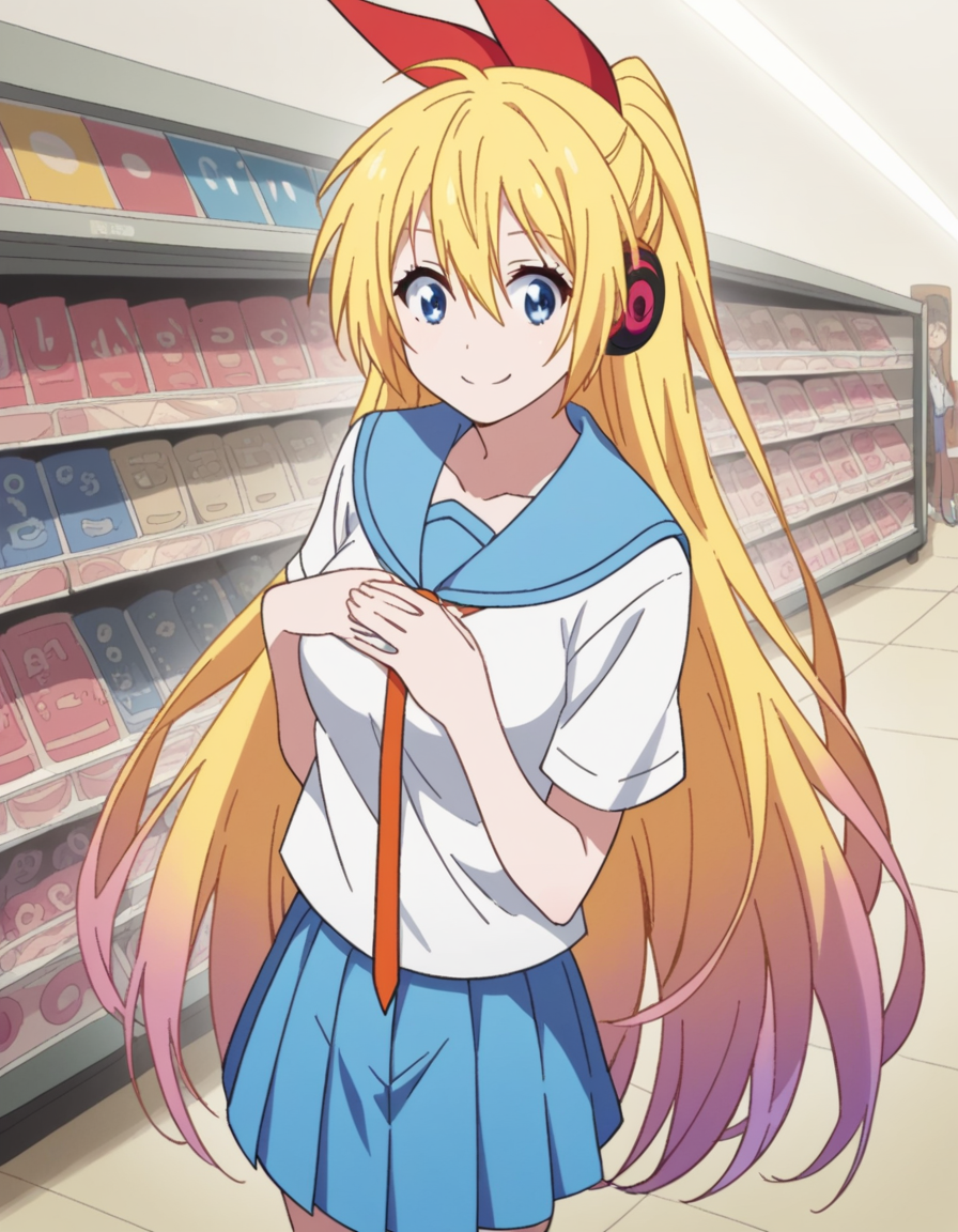 score_9, score_8_up, score_7_up, source_anime, <lora:chitoge-kirisaki-s2-ponyxl-lora-nochekaiser:1>, chitoge kirisaki, long hair, blue eyes, blonde hair, ribbon, hair between eyes, very long hair, hair ribbon, multicolored hair, red ribbon, gradient hair, medium breasts,, skirt, shirt, thighhighs, school uniform, collarbone, white shirt, pleated skirt, necktie, serafuku, sailor collar, red ribbon, blue skirt, blue sailor collar,, music store, browsing records, headphones, vinyl collection, nostalgic, , , hands on own chest, smile, solo,, cowboy shot, dutch angle