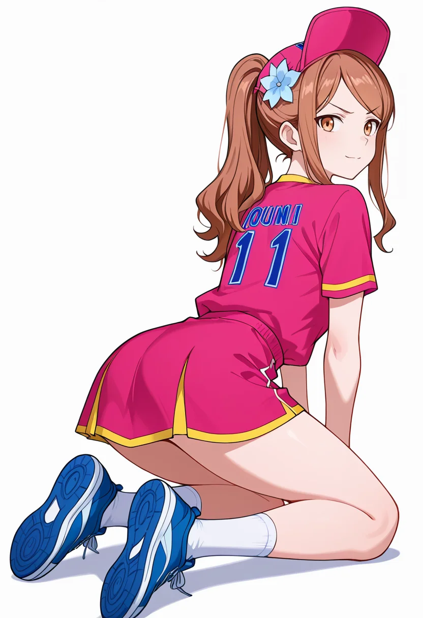 masterpiece,high quality details, absurdres,
 <lora:Aona:0.8> aona_cnr, 1girl, brown hair, long hair, ponytail, brown eyes, 
aona_s1,uniform_cnr, sportswear,pink shirt, short sleeves, shorts,skirt, socks,blue sneakers, hat, hair flower,, simple background, white background, from behind,solo,, horrified,v-shaped eyebrows,, kneeling pose,body curled sideways,soft smile,