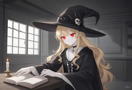 score_9, score_8_up, score_7_up, source_anime, uncensored, intricate details, high res image, masterpiece, best quality, ultra detailed eyes, 1girl, blonde hair, long hair, curly hair, pale white skin, (red glowing eyes), looking to viewer, curious smile, black and white robe with Celtic runes, black and white witch hat, black choker, tattooed arms with skulls, holding an wooden wand forming an spell with a glowing blue rune, background window night sky, indoor old room, candles, book on table, enhanced shadows, dynamic black shadows, spooky vibe, magic aura