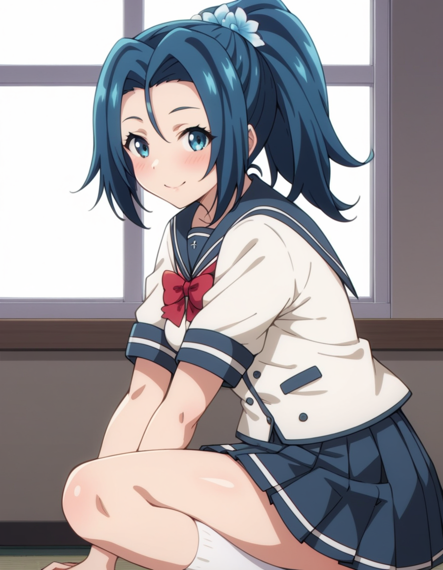 score_9, score_8_up, score_7_up, source_anime, uncensored, <lora:StS_detail_slider_v1:3>, zPDXLxxx, <lora:Hina_Hanetachi_PONYXL_VexVexX:1>, HinaHanetachi, 1girl, blue eyes, blue hair, ponytail, hair ornament, hair flower, medium-small breasts, school uniform, serafuku, pleated skirt, red bow, cowboy shot, indoors, from side, Kneeling on one knee with the other leg extended straight out to the side, leaning slightly to the opposite side with one hand resting on the ground for support, thighs, looking at viewer, smile,