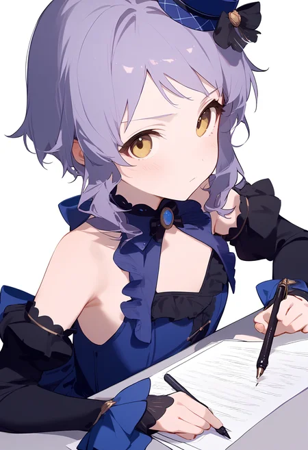 1girl,blue dress,blue sleeves,detached sleeves,flat chest,long sleeves,makabe mizuki,solo,black sleeves,blue headwear,closed mouth,clothing cutout,dot nose,looking at viewer,upper body,expressionless,frills,mini hat,serious,white background,bow,holding pen,light blush,paper,simple background,sleeveless,table,writing,<lora:a31_char_new_makabe_mizuki-000014:1>masterpiece, best quality, absurdres<lora:a31_style_koni-000010:0.8>