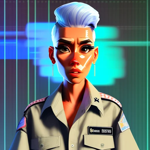 glitch art full body portrait of a hardy, lissome, Shocked Air Force Intelligence woman, Step-by-step, disgust, with gray undercut wearing hawaiian shirt , digital art, trending on artstation, highly detailed, fine detail, intricate, outrun, vaporware