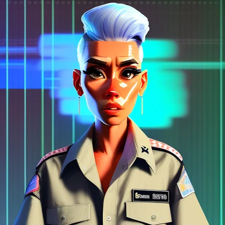 glitch art full body portrait of a hardy, lissome, Shocked Air Force Intelligence woman, Step-by-step, disgust, with gray undercut wearing hawaiian shirt , digital art, trending on artstation, highly detailed, fine detail, intricate, outrun, vaporware