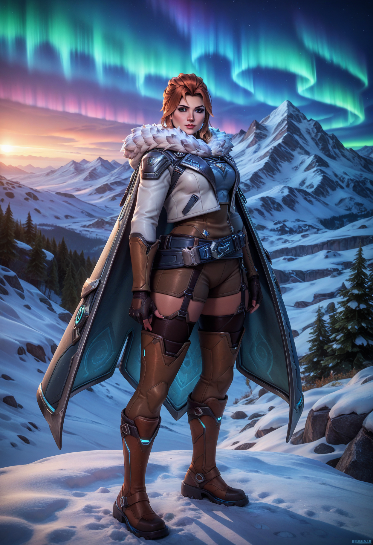 score_9, score_8_up, score_7_up, source_anime, <lora:frejaPony:1> BREAK
solo, 1 girl, ow2freja, belt, gloves, fur trim, cape, thighhighs, boots, blizzard, snow, aurora, mountain, outside,