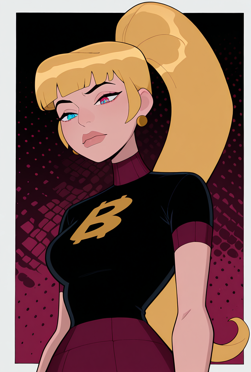 <lora:mazuma-10:1> mazuma, blonde hair, ponytail, long hair, 1girl, earrings, black shirt, short sleeves, heterochromia, lips, maroon skirt,, masterpiece, best quality, amazing quality, very aesthetic, absurdres, newest,, upper body, halftone effect, white borders, abstract background:1.2,