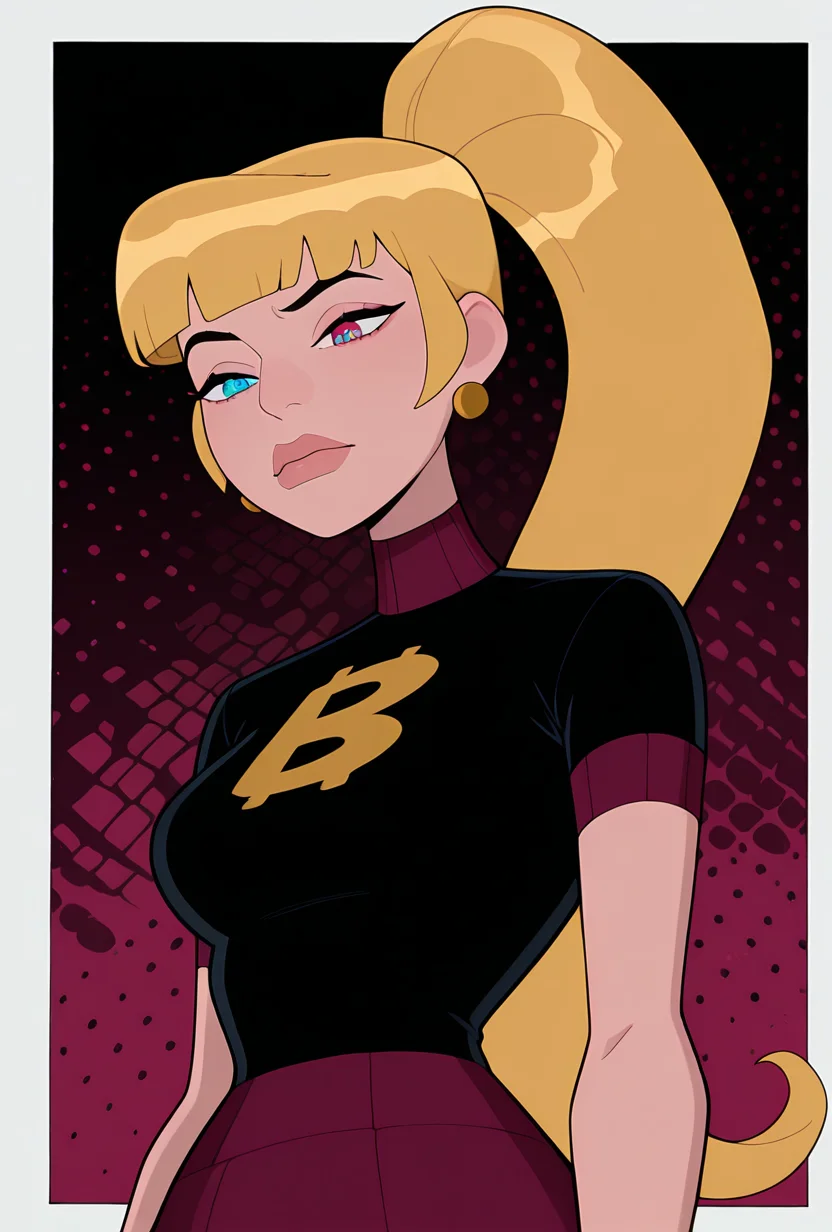<lora:mazuma-10:1> mazuma, blonde hair, ponytail, long hair, 1girl, earrings, black shirt, short sleeves, heterochromia, lips, maroon skirt,, masterpiece, best quality, amazing quality, very aesthetic, absurdres, newest,, upper body, halftone effect, white borders, abstract background:1.2,