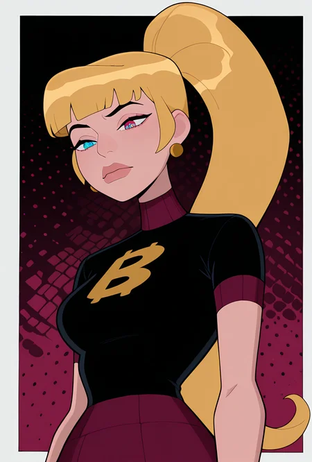 <lora:mazuma-10:1> mazuma, blonde hair, ponytail, long hair, 1girl, earrings, black shirt, short sleeves, heterochromia, lips, maroon skirt,, masterpiece, best quality, amazing quality, very aesthetic, absurdres, newest,, upper body, halftone effect, white borders, abstract background:1.2,