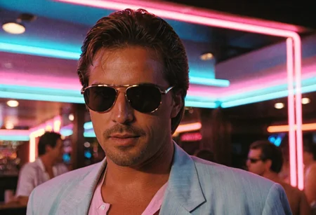 MiamiVice, Sonny Crockett, man, shades, closeup, bar, neon lights, indoors, highly detailed, 4K, ((stylish grainy analog 35mm photo))
