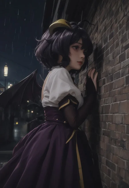 score_9, score_8_up, score_7_up, score_6_up,
BLE, 1girL,HairDetail,
utena hiiragi, short hair, yellow eyes, purple hair, yellow demon horns,ahoge, hair intakes,puffy sleeves, bridal gauntlets, purple bridal gauntlets,WHITE SHIRT,UNDERBUST,DARK PURPLE DRESS,wings, horns, fang, demon girl, demon horns, demon wings,
tall female, standing,despite face,parted lips,closed mouth, outdoors, from side, feet out of frame, detailed background, night, depth of field, rain,morden city, train station, leaning back on wall, LOOKING AT VIEWER,